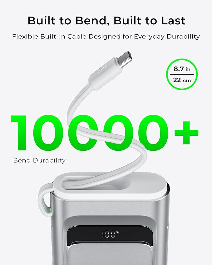 TALIX Portable Charger 100W, 10000mAh Power Bank with Built-in USB-C Cable, 3-Port Fast Charging Battery Pack for iPhone 17/16/15 Series, Samsung Galaxy, iPad, Steam Deck, Travel Essentials