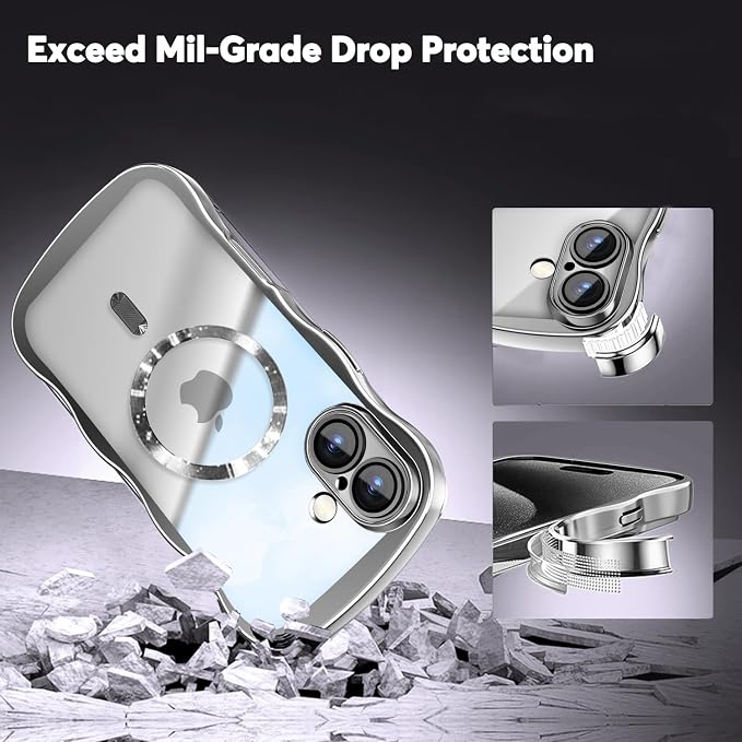 Misscase for iPhone 17 Case with Privacy Screen Protector,Compatible with MagSafe,Cute Wave Frame Anti-Scratch Case with Camera Lens Protector Plating Bling Case for iPhone 17 6.3" Women Silver