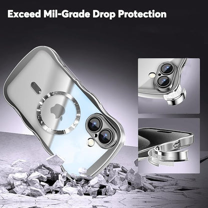 Misscase for iPhone 16 Case with Privacy Screen Protector,Compatible with MagSafe,Cute Wave Frame Anti-Scratch Case with Camera Lens Protector Plating Bling Case for iPhone 16 6.1" Silver