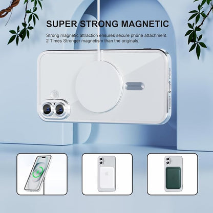 Misea Magnetic for iPhone 16 Case Compatible with MagSafe [Never Yellowing] [Military Grade Drop Protection] Full Camera Lens Protector Plating Soft Clear Phone Case for Women 6.1 inch, Silver