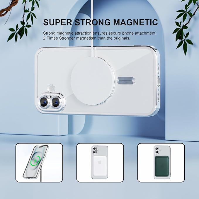 Misea Magnetic for iPhone 16 Plus Case Compatible with MagSafe [Never Yellowing] [Military Grade Drop Protection] Full Camera Lens Protector Plating Soft Clear Phone Case for Women 6.7", Silver