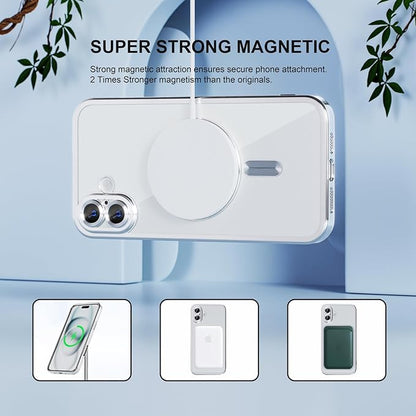 Misea Magnetic for iPhone 16 Plus Case Compatible with MagSafe [Never Yellowing] [Military Grade Drop Protection] Full Camera Lens Protector Plating Soft Clear Phone Case for Women 6.7", Silver