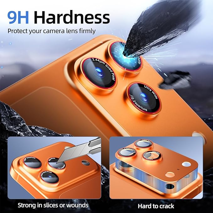 9H High-alumina Tempered Glass Camera Lens Protector for iPhone 17 Pro Max Lens , Military-Grade Shatterproof with Strong Adsorption, Full Coverage Case-Friendly Cover (Orange, iPhone 17 Pro Max - 2 Pack)