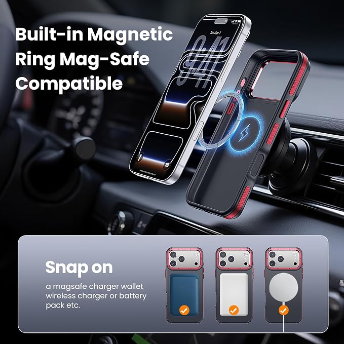 Strong Magnetic Case for iPhone 17 Pro(6.3", 2025) with Stand, Drop-Proof Bumper Cover with Contrast Color Border, Military-Grade Drop Protection, Shockproof Slim Thin Cover,Red