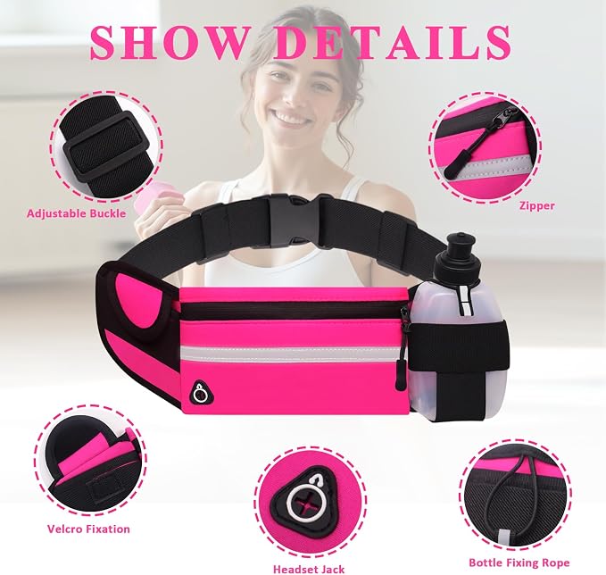 Running Belt with Water Bottle Holder, Plus Size Designer Waterproof Fanny Pack for Women Girls Kids iPhone Cell Phone Pouch, Waist Bag for Hiking,Runner,GYM,Workout,Sport Bum Hip Bags Pink