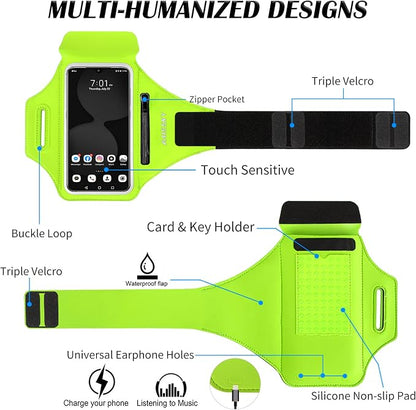 Running Armband with Earphone Bag Cell Phone Armband for iPhone 17 16 15 Pro 14 Plus 13 11 XR, Galaxy S24/S10 Water Resistant Sports Phone Holder Case & Zipper Slot Car Key Holder for 6.7 inch Phone