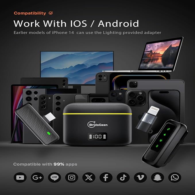 Wireless Lavalier Microphone for iPhone Android pc ipad, with 48H Charging Case, 130ft Range,Noise Cancelling, mini Mic for YouTube Vlog, Live Stream,Video Recording Podcast,Online meeting and class