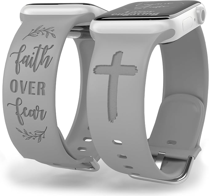 Faith Over Fear Watch Band compatible with Apple Watch Laser Engraved iWatch Band Silicone 38mm 40mm 41mm 42mm 44mm 45mm 49mm Strap Jesus Psalm Christian God (38/40/41/42mm M/L, Grey)