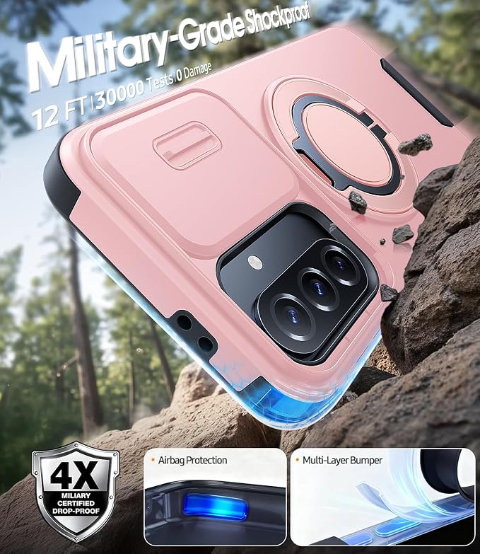JAME for Samsung Galaxy A37/A36/A56 5G Case, Ring Holder Stand Kickstand, Slide Camera Cover, 2 Screen Protectors, Dual-Layer Shockproof Protective, Magnetic Accessory Friendly Phone Case, Pink
