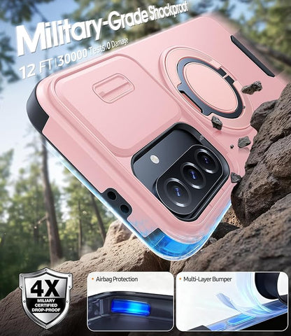 JAME for Samsung Galaxy A37/A36/A56 5G Case, Ring Holder Stand Kickstand, Slide Camera Cover, 2 Screen Protectors, Dual-Layer Shockproof Protective, Magnetic Accessory Friendly Phone Case, Pink