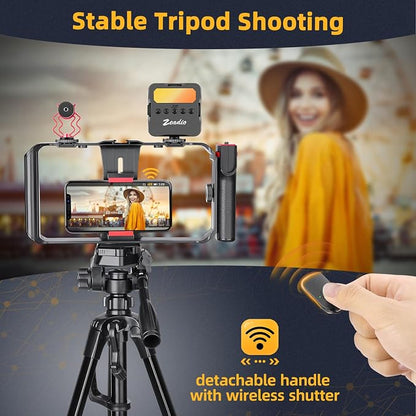Zeadio Universal Smartphone Vlogging Kit with RGB Light & Microphone - Cell Phone Stabilizer Cage for iPhone/Android, Content Creator etc