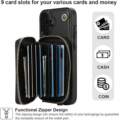 Bocasal Crossbody Wallet Case for iPhone 16 Plus, RFID Blocking Leather Purse Case with Card Holder, Protective Handbag Flip Cover with Zipper Wrist Strap Lanyard for Women 5G 6.7 Inch (Black)