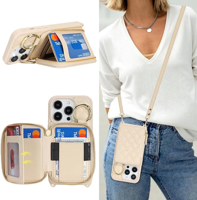 Crossbody Wallet Case for iPhone 14 Pro, PU Leather Zipper Handbag Purse Flip Cover, Kickstand Folio Case with Card Slots Holder Wrist Strap Lanyard 5G 6.1 Inch-White