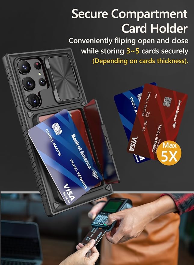 Vihibii for Samsung Galaxy S23 Ultra Case with Card Holder (4 Cards), Built-in 2X Privacy Screen Protector, Slide Lens Cover, Rugged & Shockproof Wallet Case for S23 Ultra 6.9" 5G, Black