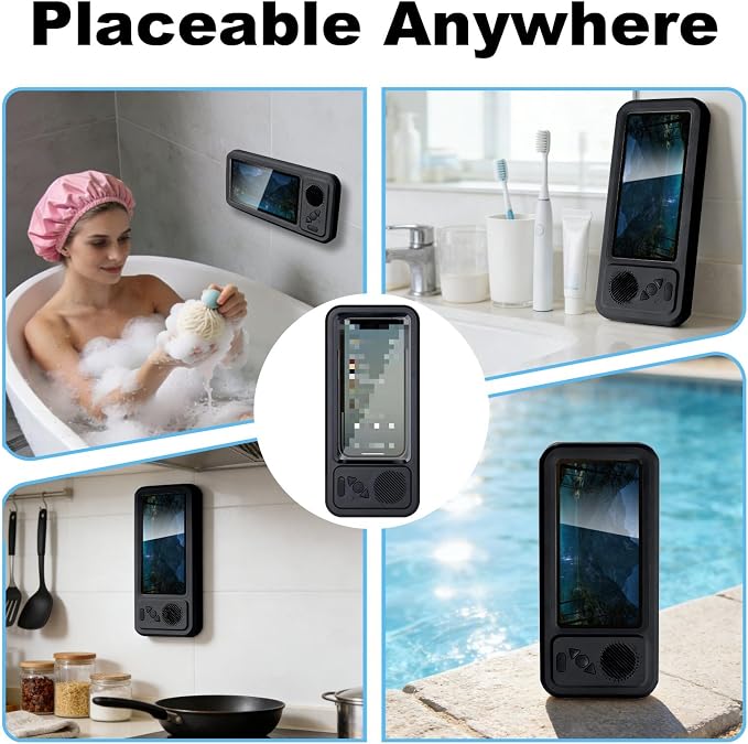 Shower Phones Holder with Speaker, Wall Mount Shower Phone Holder Waterproof, Bathroom Accessories, Waterproof Phone Case, 360° Rotation, Suction Cup Bathroom Case Mount Shelf (Black)