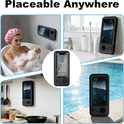 Shower Phones Holder with Speaker, Wall Mount Shower Phone Holder Waterproof, Bathroom Accessories, Waterproof Phone Case, 360° Rotation, Suction Cup Bathroom Case Mount Shelf (Black)