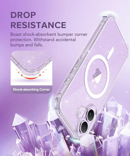 BERFY for iPhone 17 Case for Women, Clear Glitter Shockproof Protective Case, Anti-Yellowing, with Screen Protector & Camera Lens Protector 6.3", Magnetic Sparkle Clear