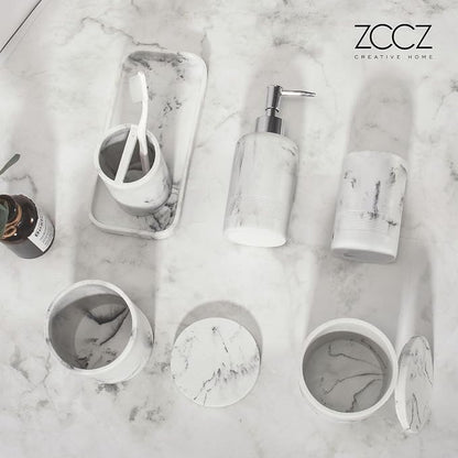 ZCCZ White Marble Bathroom Accessories Set 6 Pieces - Toothbrush Holder, Lotion Dispenser, Qtip Container, Vanity Tray, Tumbler - Countertop Organizer for Bathrooms - Elegant and Functional Décor Set