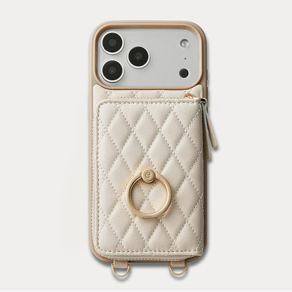 ZVE for iPhone 17 Pro Case Wallet with Strap, Crossbody Protective Lanyard Flip Cover with Ring Holder 6.3 Inch-Beige
