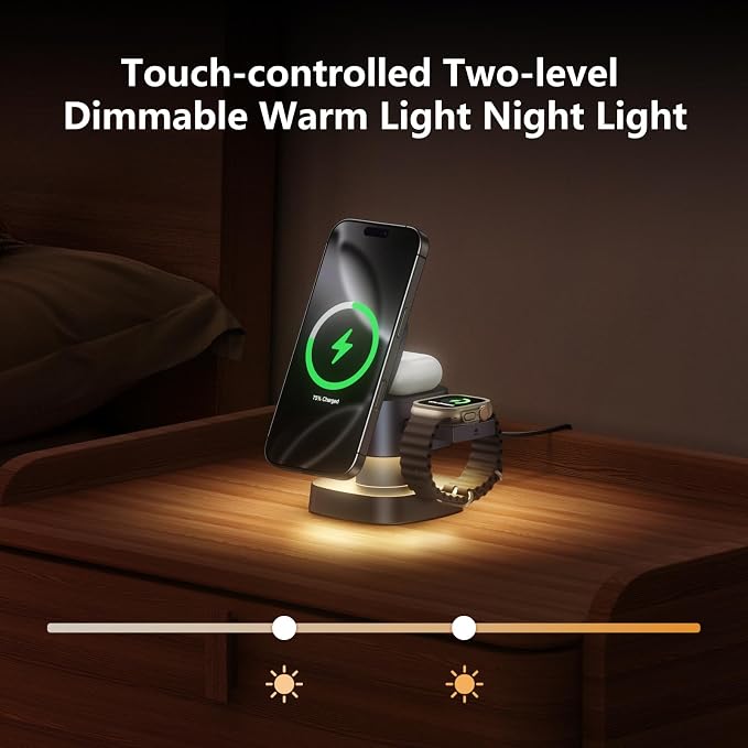 【2026 Upgraded】4 in 1 Wireless Charger, 3 in 1 Wireless Charging Station with Night Light for MagSafe Charger, 15W Magnetic Travel Stand for iPhone17/Air/Pro/Max/16/15/14, Apple Watch, Airpods (Gray)