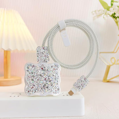 Glitter Phone Case Set, Bling Organizer with Cable Protector for iPhone, Soft Cable Organizer, Charger Case (Silver)