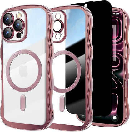 Misscase Designed for iPhone 16 Pro Case 6.3",with Privacy Screen Protector*1,Cute Wave Frame Case with Camera Lens Protector,Compatible with MagSafe Plating Bling for Women Pink