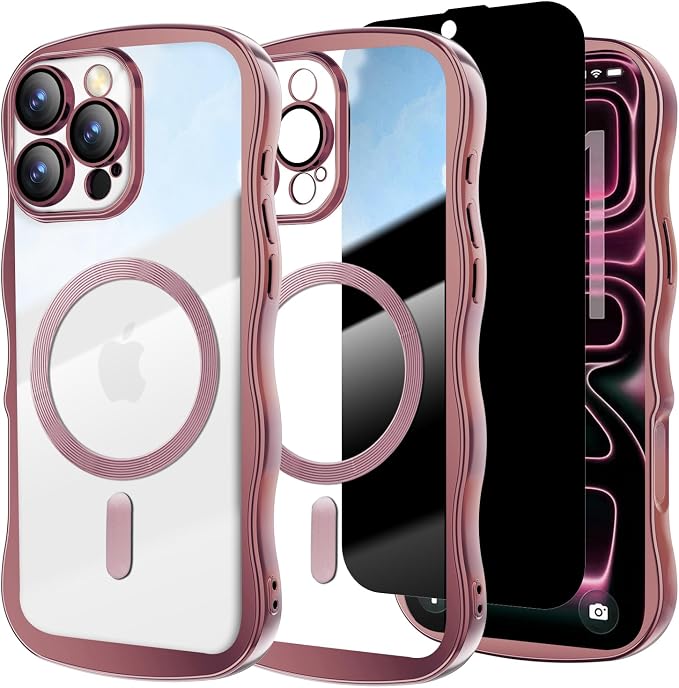 Misscase Designed for iPhone 16 Pro Max Case 6.9",with Privacy Screen Protector*1,Cute Wave Frame Case with Camera Lens Protector,Compatible with MagSafe Plating Bling for Women Pink