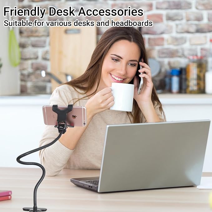 Gooseneck Bed Phone Holder, Flexible Long Arm Clip On Phone Holder for Bed, Desk, Headboard, Bedside, 360 Adjustable Cell Phone Clamp Mount Stand, All 4-7" Cellphone