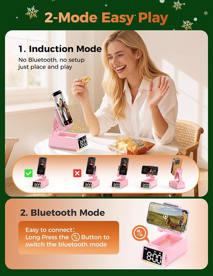 Bluetooth Speaker Birthday Gift for Women:Induction Cell Phone Stand HD Sound Easter Basket Stuffers For Teens Girls,Anti-Slip Phone Holder Kitchen Gadget Women Mom Wife Girlfriend Galentines(Pink)