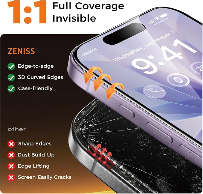 NeverBreak 9H+ Hardness for iPhone 17 Screen Protector 12FT Military Grade Protection (Scratch, Shatter, Drop Resistance) Tempered Glass Full Edge Coverage 6.3" 2025, 2 Pack with De-Bubble Card