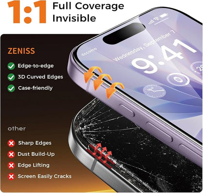NeverBreak 9H+ Hardness for iPhone 17 Screen Protector 12FT Military Grade Protection (Scratch, Shatter, Drop Resistance) Tempered Glass Full Edge Coverage 6.3" 2025, 2 Pack with De-Bubble Card