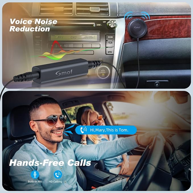Smof Bluetooth Car Adapter, Aux Bluetooth Adapter for Car with Dual Port USB Charger & Ground Loop Noise Isolator, Wireless Audio Receiver with 3.5mm Aux Port, Hands-Free Calls, Dual Connection