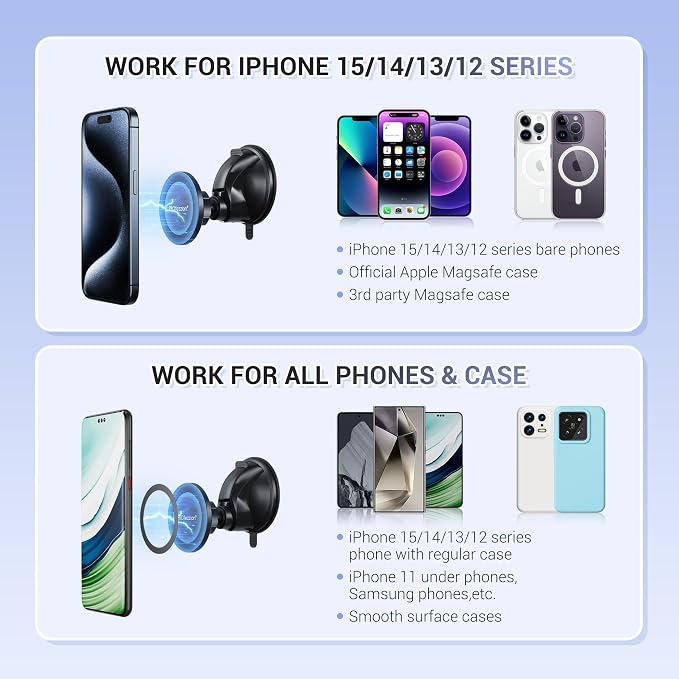 PROfezzion Magnetic Shower Mirror Phone Holder Reusable Suction Cup Phone Mount Compatible with iPhone 17 16 15 14 13 12 & All Phones, Rotating Stand for Glass Window Bathroom Kitchen, White
