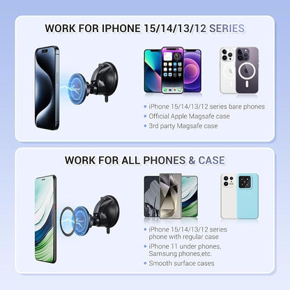 PROfezzion Magnetic Shower Mirror Phone Holder Reusable Suction Cup Phone Mount Compatible with iPhone 17 16 15 14 13 12 & All Phones, Rotating Stand for Glass Window Bathroom Kitchen, White