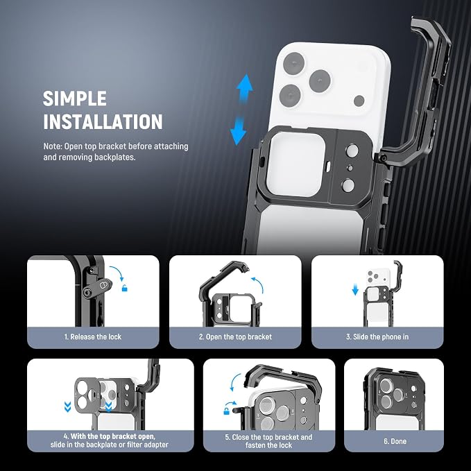 NEEWER Phone Cage Compatible with iPhone 17 Pro, Quick Release Video Rig Stabilizer Accessories with 67mm Filter Ring, 17mm Lens Backplate, T Mount Adapter, 4X Camera Control Cap, PA143 (Black)