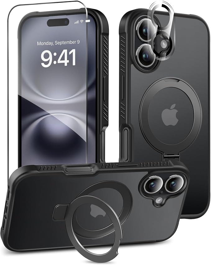 for iPhone 16 Case, with Screen Protector + Camera Lens Protector, Built-in Seamless Stand, [Compatible with MagSafe] Protective Shockproof Phone Case, Matte Back Cover for 6.1" - Black