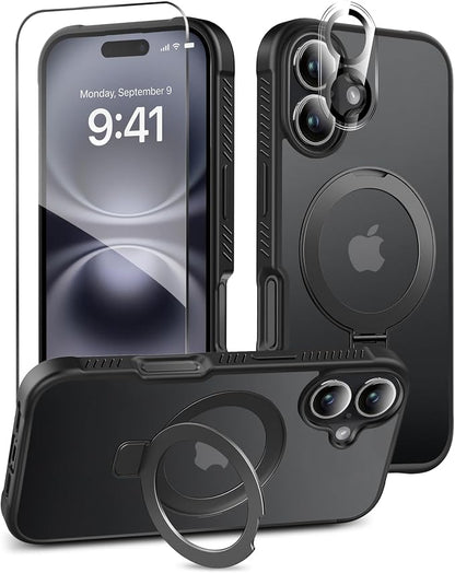 for iPhone 16 Case, with Screen Protector + Camera Lens Protector, Built-in Seamless Stand, [Compatible with MagSafe] Protective Shockproof Phone Case, Matte Back Cover for 6.1" - Black