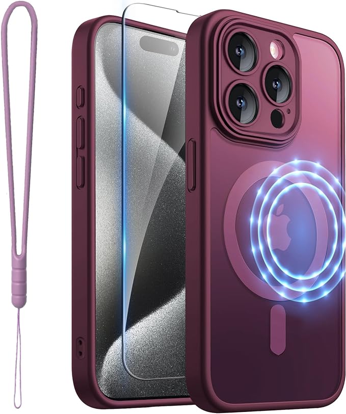 ROYBENS for iPhone 15 Pro-Max Matte Clear Case Compatible with Magsafe, Full Camera Lens Protection, Screen Protector, Wrist Strap, Translucent Magnetic Slim Hard Protective Phone Cover, Wine-Red
