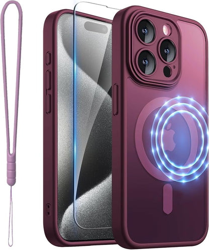 ROYBENS for iPhone 15 Pro Matte Clear Case Compatible with Magsafe, Full Camera Lens Protection, Screen Protector, Wrist Strap, Translucent Magnetic Slim Hard Protective Phone Cover, Wine-Red
