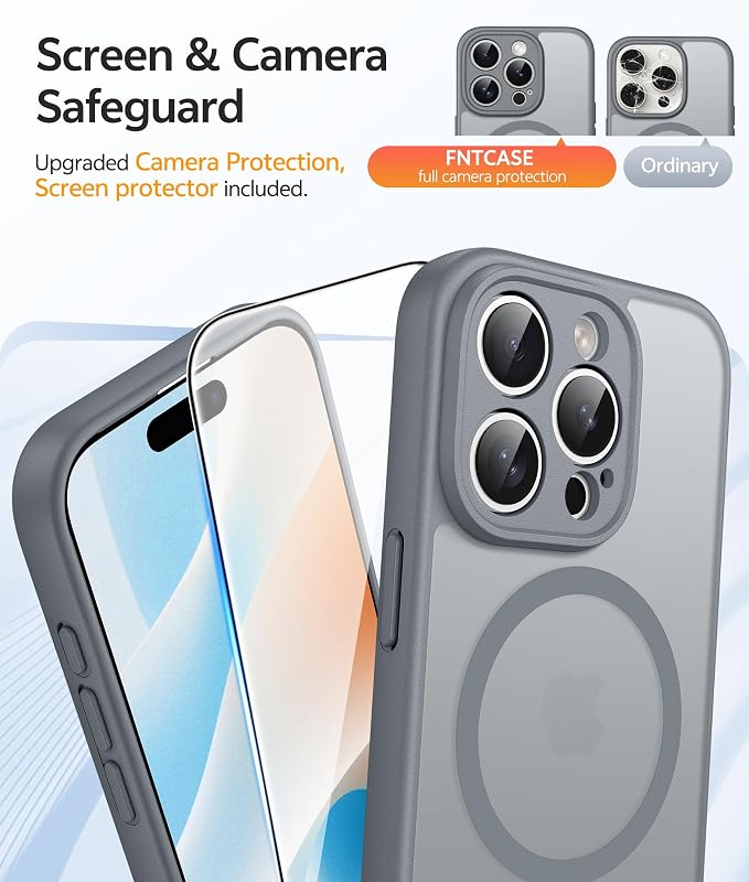 FNTCASE for iPhone 15 Pro Case: [Compatible with Magsafe] Translucent Matte Cases with [Full Camera Protection] [Screen Protector] Military Grade Shockproof Protective Phone Cover - Gray