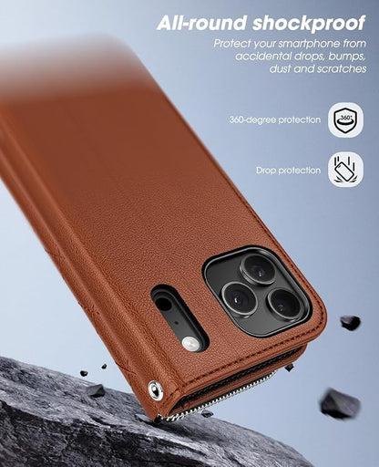OCASE for iPhone 17 Pro Max Crossbody Wallet Case - Stylish PU Leather Handbag Phone Purse with Zipper Closure, Card Slots & RFID Blocking - Wrist Strap, Lanyard, Kickstand - Diamond Check Brown