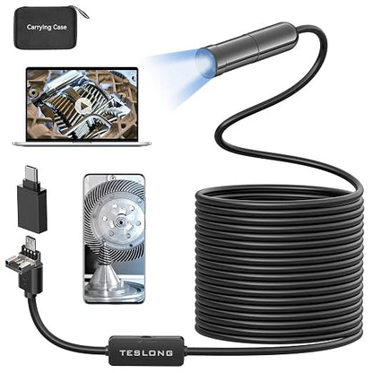 5MP Auto-Focus Endoscope, Teslong 3rd Generation USB Borescope with 5.0 Megapixel Inspection Camera, 16.5ft Waterproof Semi-Rigid Cable & Adjustable Led Lights Probe for Android Phone Windows MacBook