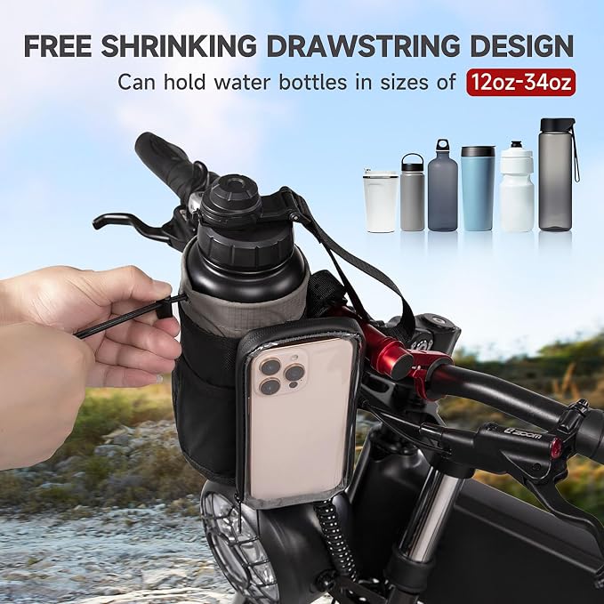 Bike Water Bottle Holder with Mount | Fits Motorcycles, Strollers, Scooters, Wheelchairs | Waterproof Phone Bag | Mount Support More Bike Devices | Holds 3.6in Diameter Bottles (2Black)
