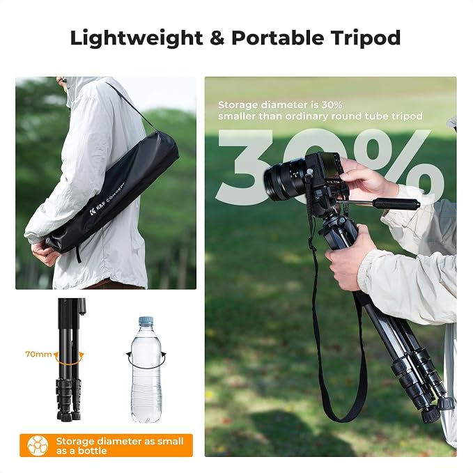 K&F CONCEPT Camera Tripod, 75" Lightweight Portable Travel Outdoor DSLR Tripods for Camera Phone Video Recording Tripod Stand, Cellphone Clip for Smartphone Live Streaming Vlog, Black