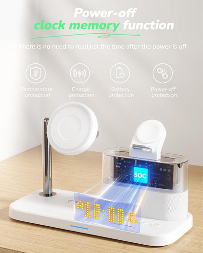 Compatible with Qi2 Certified Wireless Charging Station with Alarm Clock and Night Light,15W Fast 5 in 1 Mag-Safe Charger Stand for iPhone 16 15 14 13 12 Pro Max,Apple Watch,Air-Pods(White)
