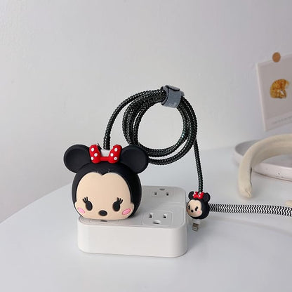 3D Cute Cartoon Charger Protector Case - Compatible for Apple 20W USB-C Power Adapter and Lightning Cable (Black MouseB)