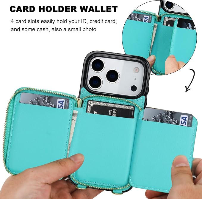Bocasal Crossbody Wallet Case for iPhone 17 Pro, RFID Blocking PU Leather Zipper Handbag Purse Flip Cover, Kickstand Folio Case with Card Slots Holder Wrist Strap Lanyard 5G 6.3 Inch (Mint Green)