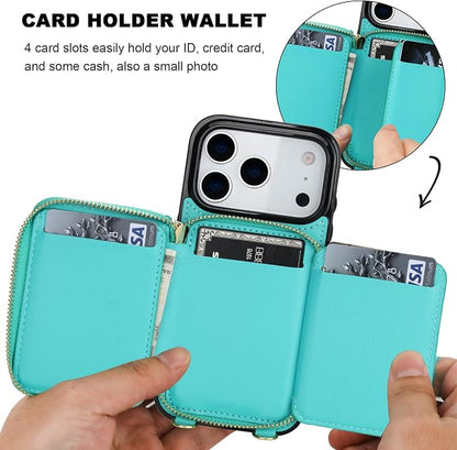 Bocasal Crossbody Wallet Case for iPhone 17 Pro, RFID Blocking PU Leather Zipper Handbag Purse Flip Cover, Kickstand Folio Case with Card Slots Holder Wrist Strap Lanyard 5G 6.3 Inch (Mint Green)