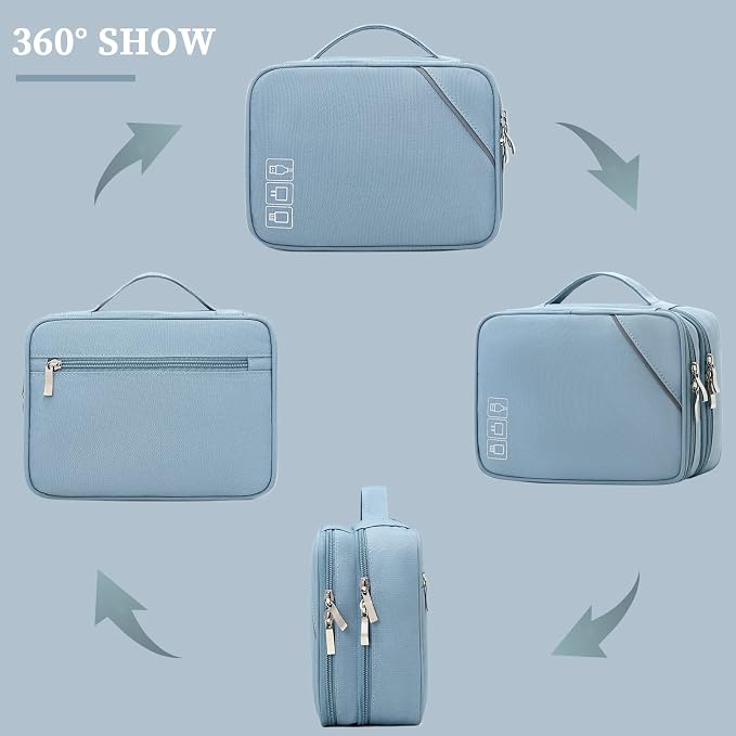 Lanola Custom Personalized Travel Cable Organizer Bag, Electronic Accessories Case Portable Double Layer Cable Storage Bag with DIY Dividers & Custom Photo Text - Light blue