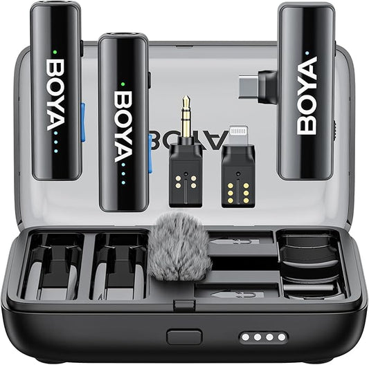 BOYA BOYALINK 2 Wireless Lavalier Microphone for iPhone/Camera/Android/PC, 3-in-1 RX, Mini Lapel Mic, 48kHz 24bit, 1000ft, 30h Use, 2 Level Noise reduction, Clip on Mic with USB-C/Lightning/3.5mm Plug